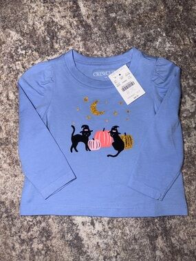 Crewcuts Blue Long-Sleeve Tee with Black Cat & Pumpkin Graphic